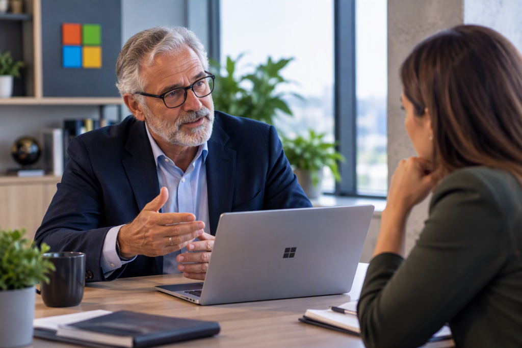 Business leader receiving Microsoft Consulting as a Service guidance covering Microsoft 365, Azure, security, and managed services strategy