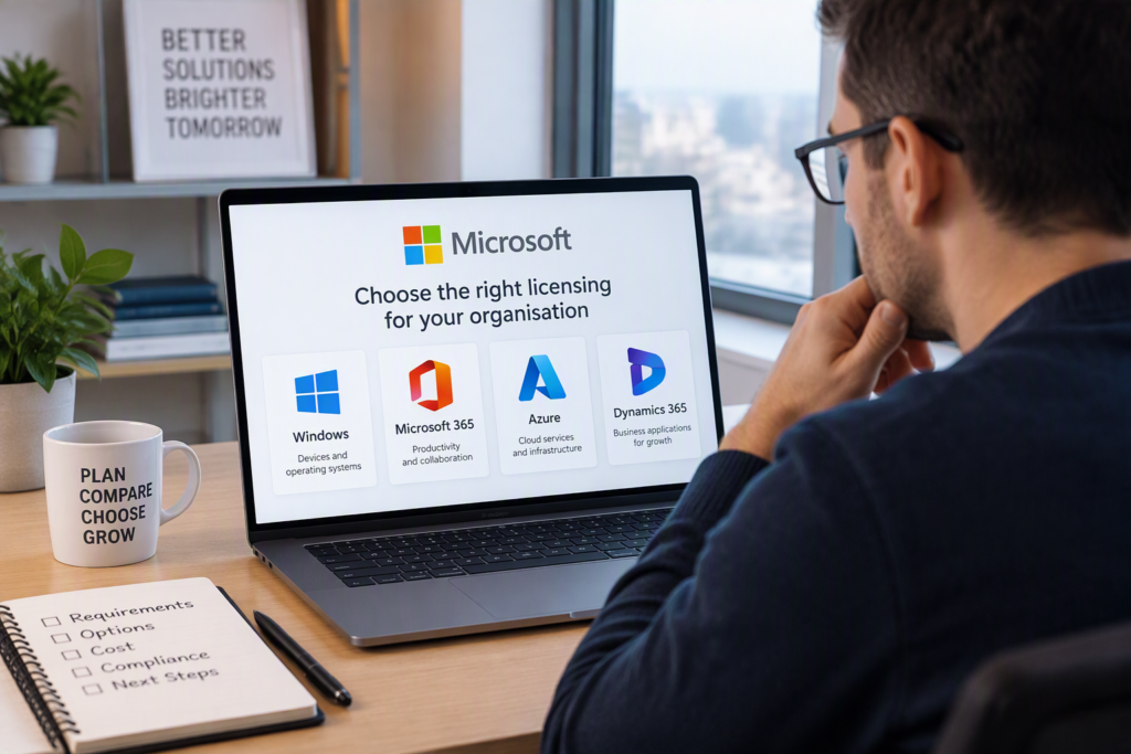 Professional evaluating Microsoft licensing options including Microsoft 365, Azure, Windows, and Dynamics 365 plans