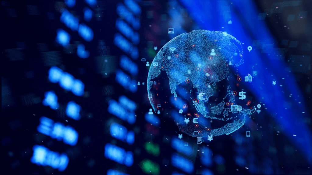 Featured image for managed solution blog technology and economy: Q and A with CEO Sean Ferrel. Image of a data center with a blue digital globe surrounded by different financial figures