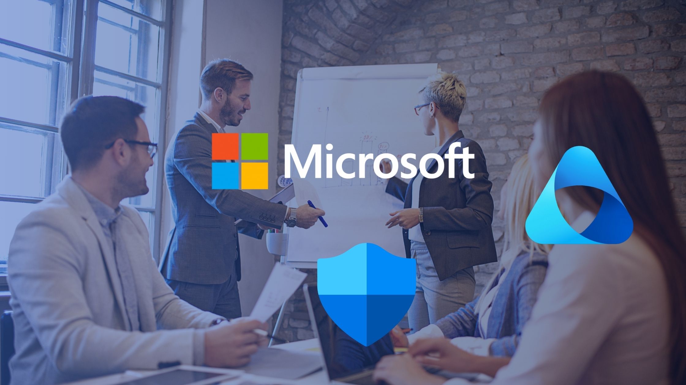 Microsoft 365 Business Premium New Plans for SMBs blog featured photo small business team Microsoft logo Microsoft defender logo Microsoft purview logo