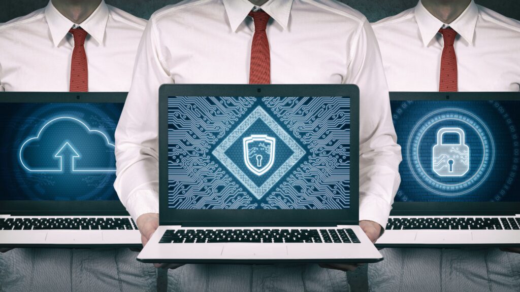 AI for Zero trust security blog featured image depicting three workers holding computers with different levels of cybersecurity