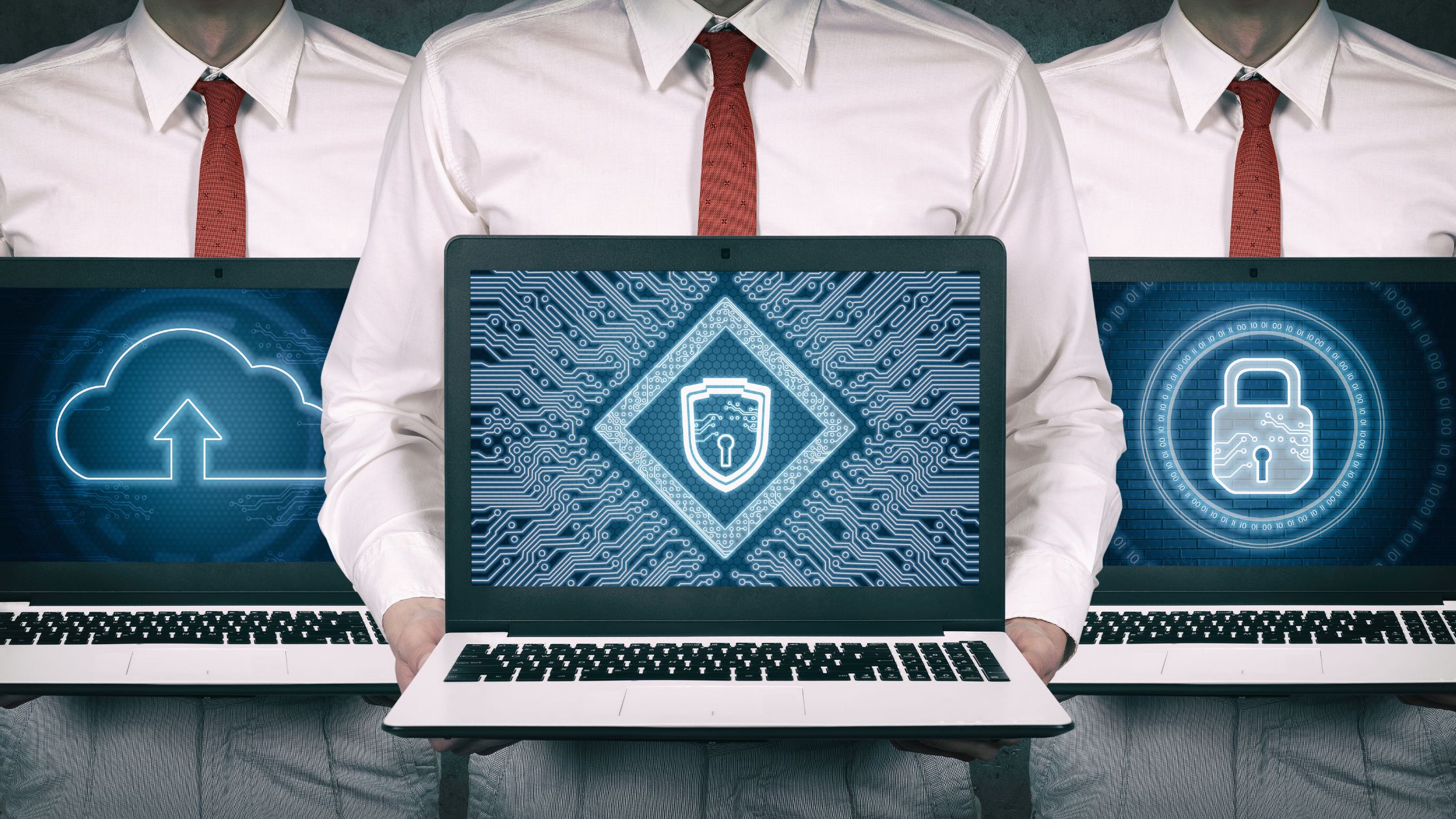 AI for Zero trust security blog featured image depicting three workers holding computers with different levels of cybersecurity