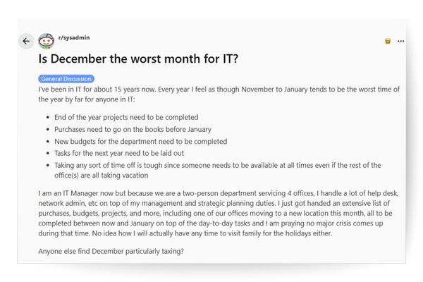 reddit user asks if December is the worst month for IT from sysadmin page for discussion on end of year IT burnout