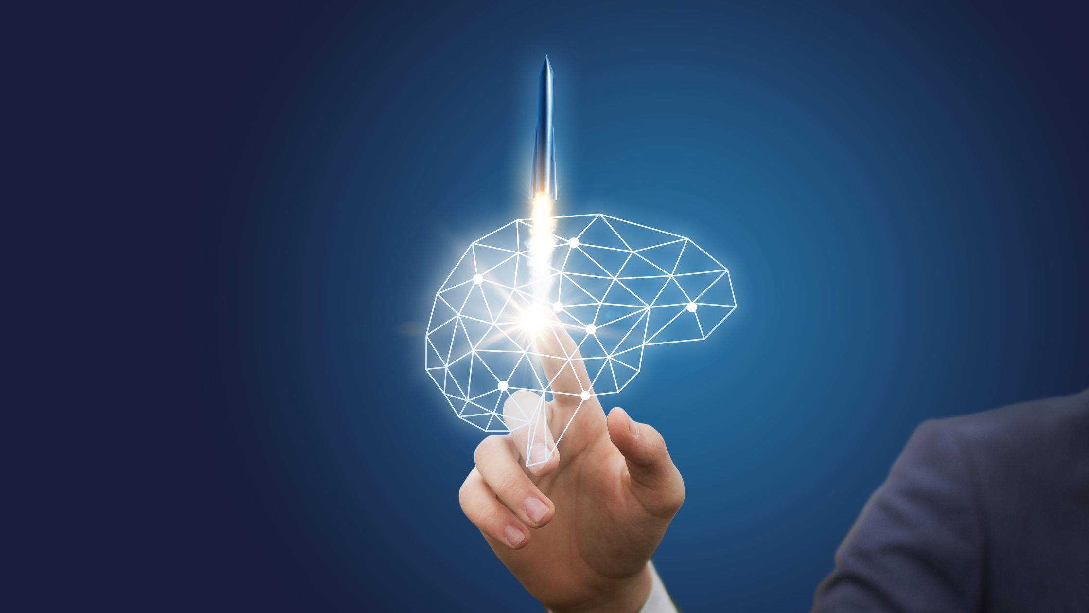 Tech and AI recap blog featured image of business leader and abstract AI advancement imagery of brain graphic and rocket ship