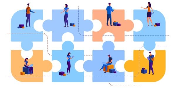 graphic of cartoon workers along connected puzzles pieces representing how different job roles during M&A and come together for successful M&A
