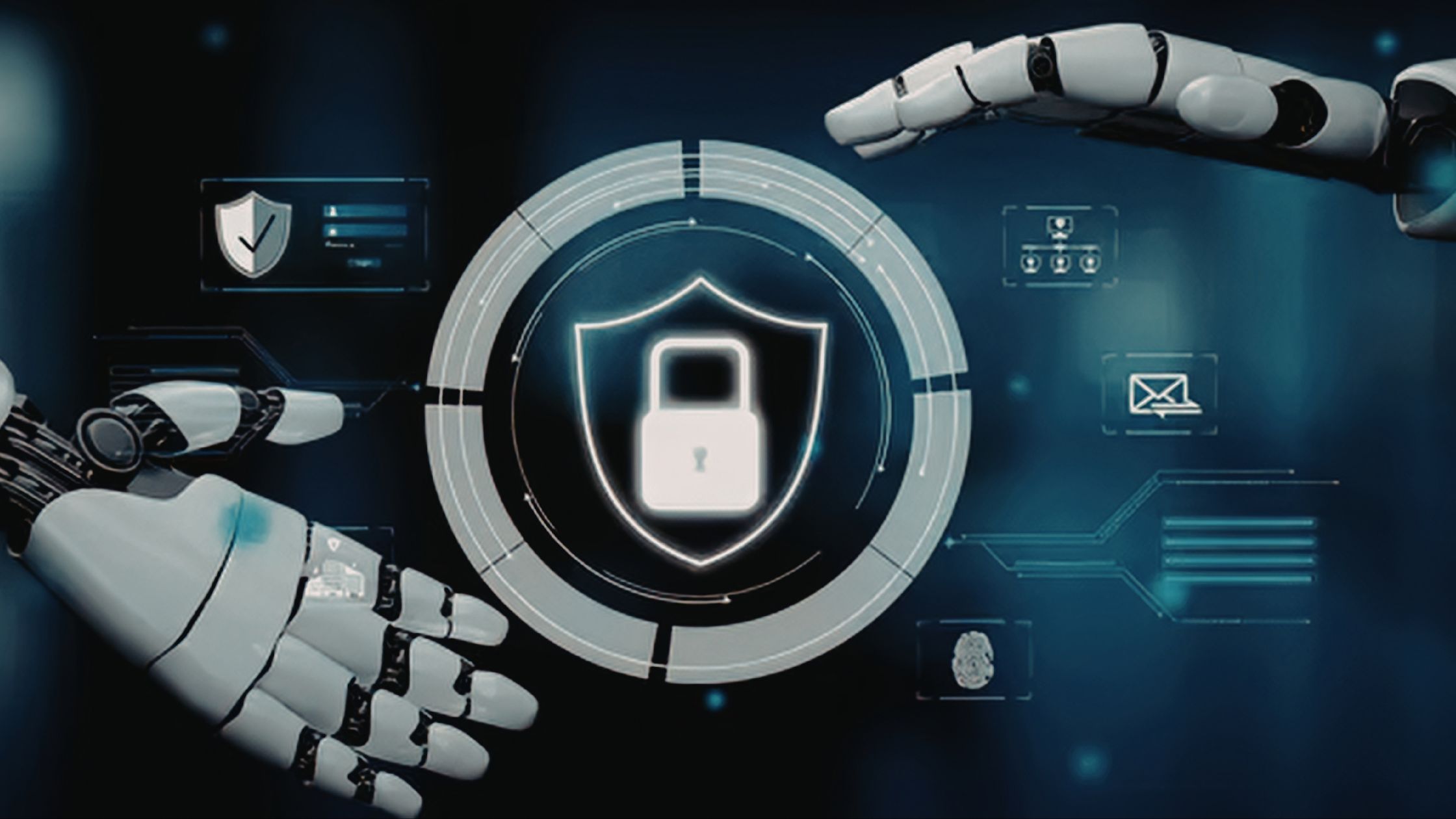 AI in cybersecurity 2026 blog featured image of AI hands around cybersecurity digital graphic