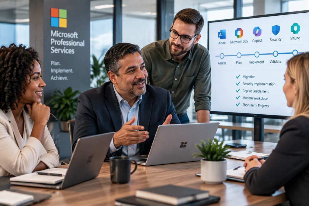 Microsoft Professional Services team delivering Azure, Microsoft 365, Copilot, Intune, and security implementation projects for business clients